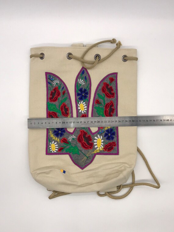 Handmade Linen Backpack With Embroidered Ukrainian Trident 