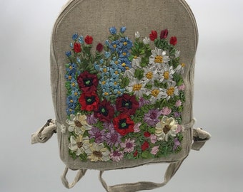 Mochila de linho feita à mão | Bolsa floral bordada com fita