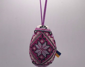 Embroidered Linen Easter Egg Ornament, Pysanka Decoration (3.15")