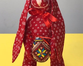 Conejito de Pascua hecho a mano: Peluche de algodón con huevo bordado, 27 cm (10,6")