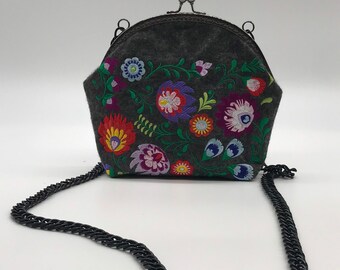 Felt Clutch Bag with Embroidery in Samchykivka Folk Style | Handmade Ukrainian Purse on Chain