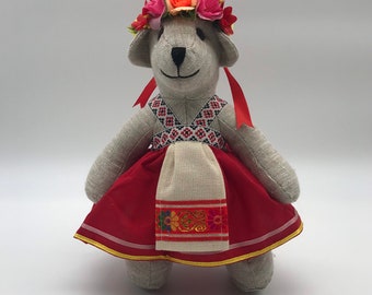 Handmade Linen Teddy Bear | Ukrainian Costume Soft Toy