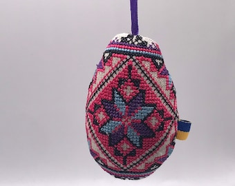 Embroidered Linen Easter Egg Ornament: Pysanka Decoration