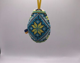 Embroidered Easter Egg Ornament, Linen Pysanka Decoration