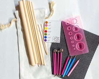 Paper Flower Starter Kit | Metal Ball Stylus | Paper Flower Tools | Round Wooden Dowels | Flower Shaping Mat | Slotted Quilling Tool