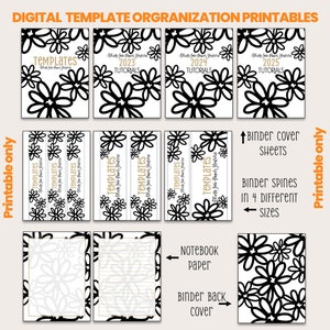 May include: Printable digital templates for organizing. The image shows a set of black and white floral designs with the text "TEMPLATES" and "Make Your Paper Flowers" repeated on each page. The templates include binder covers, spines, notebook paper, and a binder back cover.