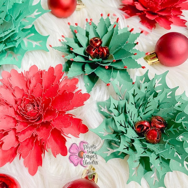 Christmas Mini Paper Flower Bundle Digital File | PNG | SVG | PDF | paper flower | Tree Holly Feathers| Christmas | paper flowers | holiday