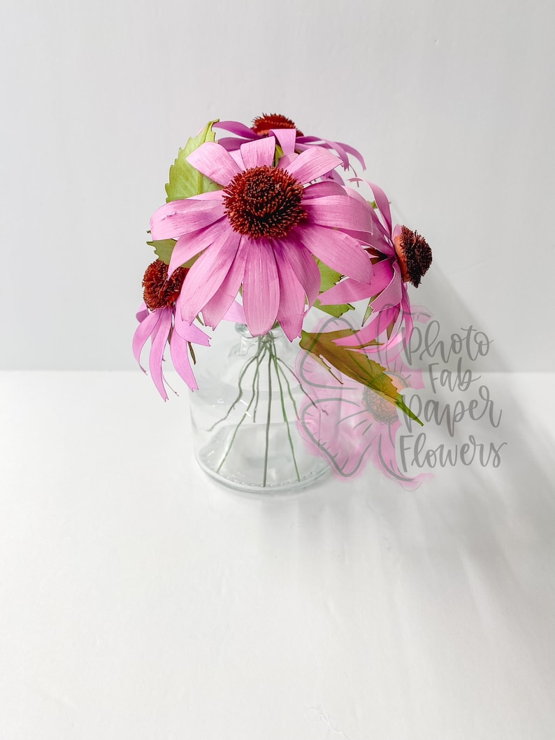 K&ouml;nnte beinhalten: Ein Strau&szlig; rosa Papierblumen mit braunen Zentren in einer klaren Glasvase. Die Blumen sind kreisf&ouml;rmig angeordnet und die Vase steht auf einer wei&szlig;en Oberfl&auml;che. Der Text "Photo Fab Paper Flowers" ist in der unteren rechten Ecke des Bildes sichtbar.