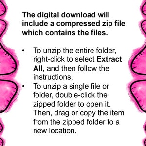 K&ouml;nnte beinhalten: Text auf einem rosa Hintergrund mit Blumen, der erkl&auml;rt, wie man eine komprimierte Zip-Datei entpackt. Der Text lautet: "Der digitale Download enth&auml;lt eine komprimierte Zip-Datei, die die Dateien enth&auml;lt. Um den gesamten Ordner zu entpacken, klicken Sie mit der rechten Maustaste, um "Alle extrahieren" auszuw&auml;hlen, und befolgen Sie dann die Anweisungen. Um eine einzelne Datei oder einen Ordner zu entpacken, doppelklicken Sie auf den gezippten Ordner, um ihn zu &ouml;ffnen. Ziehen Sie dann das Element aus dem gezippten Ordner an einen neuen Ort oder kopieren Sie es."