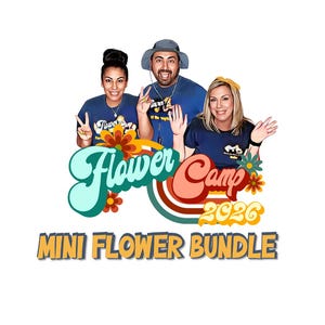 May include: A graphic design featuring three individuals wearing navy blue t-shirts, with the text Flower Camp 2026 and MINI FLOWER BUNDLE in a retro font. The design includes colorful orange and yellow flower illustrations and curved lines.