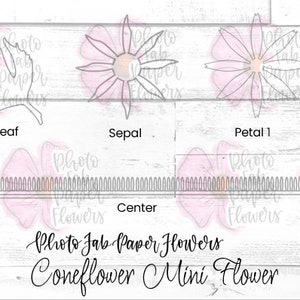 K&ouml;nnte beinhalten: Ein Diagramm, das die verschiedenen Teile einer Papierblume zeigt, darunter das Blatt, der Kelch, das Bl&uuml;tenblatt und die Mitte. Der Text "Photo Jab Paper Flowers Coneflower Mini Flower" befindet sich am unteren Rand des Bildes.