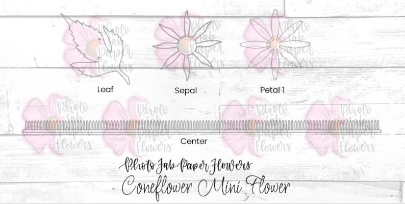 K&ouml;nnte beinhalten: Ein Diagramm, das die verschiedenen Teile einer Papierblume zeigt, darunter das Blatt, der Kelch, das Bl&uuml;tenblatt und die Mitte. Der Text "Photo Jab Paper Flowers Coneflower Mini Flower" befindet sich am unteren Rand des Bildes.