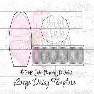 May include: A printable template for making a large paper daisy flower. The template includes three pieces: a large oval for the center of the flower, a smaller octagon for the center of the flower, and a long strip for the petals.