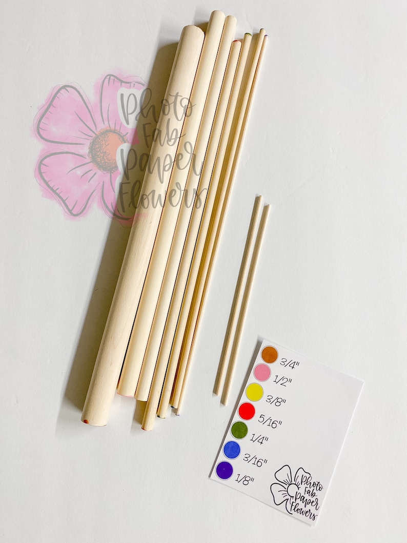 May include: Assortment of wooden dowels in various sizes, ranging from 1/8 inch to 3/4 inch. The dowels are arranged in order of size, with the smallest dowel at the bottom and the largest dowel at the top. A color chart is included to help identify the size of each dowel.
