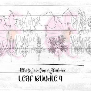 May include: Line drawings of various leaves and foliage, including maple leaves, ferns, and grasses. The text "Photo Jab Paper Flowers" and "Leaf Bundle 4" is written in black script below the illustrations. The background is a white wood grain.