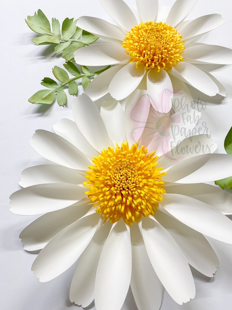 May include: Two large white paper daisies with yellow centers. The daisies are layered on top of each other. The background is white.