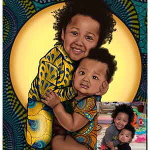 Puede incluir: Una ilustraci&oacute;n digital de dos ni&ntilde;os peque&ntilde;os, una ni&ntilde;a y un ni&ntilde;o, abraz&aacute;ndose. La ni&ntilde;a lleva un vestido estampado en amarillo y azul y el ni&ntilde;o lleva una camisa estampada similar. El fondo es un c&iacute;rculo amarillo con un dise&ntilde;o estampado en azul y verde.