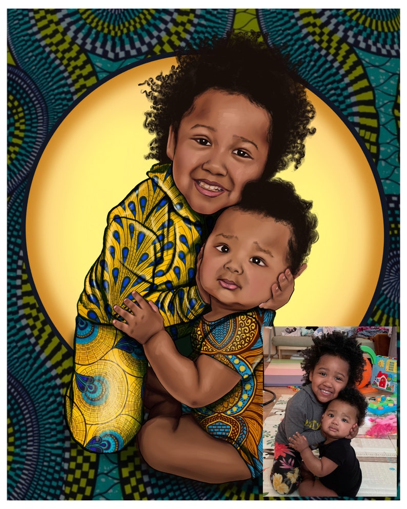 Puede incluir: Una ilustraci&oacute;n digital de dos ni&ntilde;os peque&ntilde;os, una ni&ntilde;a y un ni&ntilde;o, abraz&aacute;ndose. La ni&ntilde;a lleva un vestido estampado en amarillo y azul y el ni&ntilde;o lleva una camisa estampada similar. El fondo es un c&iacute;rculo amarillo con un dise&ntilde;o estampado en azul y verde.