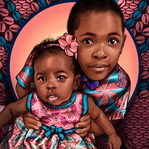Puede incluir: Un retrato de dos ni&ntilde;os, una ni&ntilde;a y un ni&ntilde;o, vistiendo ropa con estampados coloridos. La ni&ntilde;a lleva un vestido rosa con un lazo azul y una flor en el pelo. El ni&ntilde;o lleva una camisa azul y naranja con un estampado geom&eacute;trico. Los ni&ntilde;os sonr&iacute;en y miran a la c&aacute;mara.
