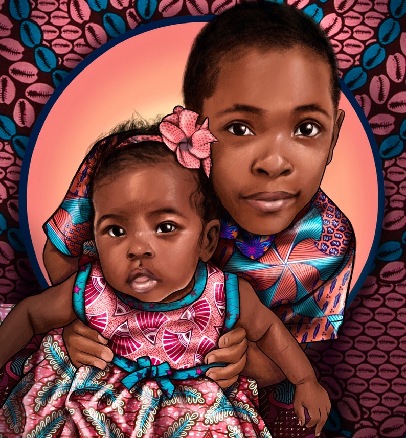 Puede incluir: Un retrato de dos ni&ntilde;os, una ni&ntilde;a y un ni&ntilde;o, vistiendo ropa con estampados coloridos. La ni&ntilde;a lleva un vestido rosa con un lazo azul y una flor en el pelo. El ni&ntilde;o lleva una camisa azul y naranja con un estampado geom&eacute;trico. Los ni&ntilde;os sonr&iacute;en y miran a la c&aacute;mara.