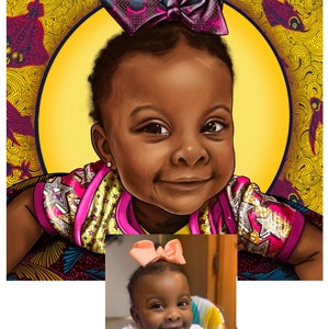 Puede incluir: Una ilustraci&oacute;n digital de una ni&ntilde;a peque&ntilde;a con piel marr&oacute;n oscura que lleva una camisa con estampado amarillo y rosa con un gran lazo rosa en el pelo. El fondo es un dise&ntilde;o estampado amarillo y marr&oacute;n.