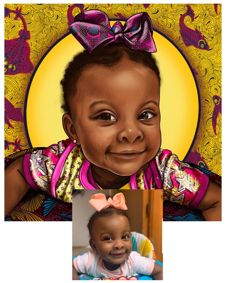 Puede incluir: Una ilustraci&oacute;n digital de una ni&ntilde;a peque&ntilde;a con piel marr&oacute;n oscura que lleva una camisa con estampado amarillo y rosa con un gran lazo rosa en el pelo. El fondo es un dise&ntilde;o estampado amarillo y marr&oacute;n.