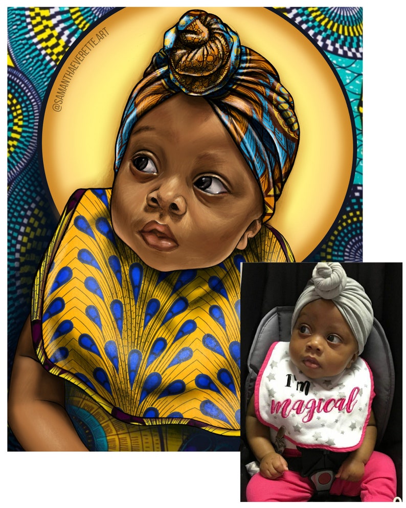 Puede incluir: Una ilustraci&oacute;n digital de una ni&ntilde;a beb&eacute; con un turbante de patrones amarillos y azules y un babero a juego. La beb&eacute; est&aacute; mirando hacia arriba y tiene una expresi&oacute;n seria en su rostro. El fondo es una tela de patrones amarillos y azules.