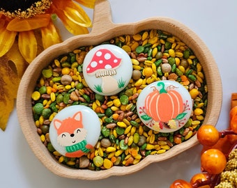 May include: Three painted white ceramic stones with fall-themed designs. The stones feature a red and white mushroom, a pumpkin, and a fox wearing a green scarf. The stones are arranged on a wooden tray filled with a mixture of green and yellow lentils.