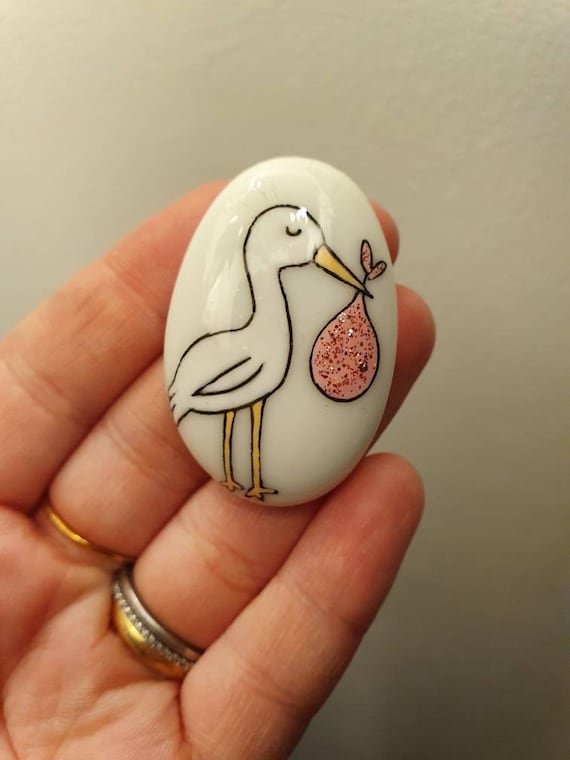 Stork Painted Pebble, New Baby Keepsake Gift