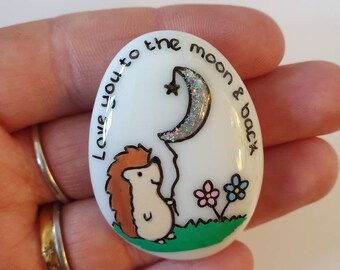 Love you keepsake pebble. Hedgehog . Moon . Back . Small gift idea. Love you.  sparkly