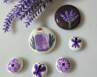 Lavender Painted Pebble Set, Floral Decor