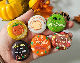 May include: Six painted rocks with autumn-themed designs. The rocks feature phrases like "Pumpkin Spice", "Sweater Weather", "Hello Autumn", "Snuggle Season", "Autumn is my favorite color", and "Crunchy Leaves & Lattes Please".
