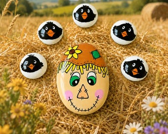 Scarecrow painted pebble with 5 mini crow pebbles