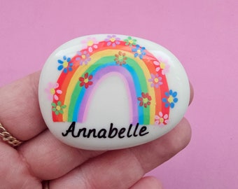 Personalised Rainbow Painted Worry Stone, Flower Keepsake Gift