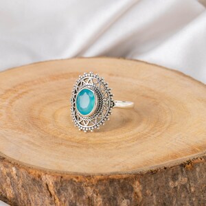 Minimalist Blue Chalcedony Ring, Boho Silver Stacking Ring, Blue Solitaire Ring, Cocktail Ring, Handmade Jewelry, Elegant Jewelry Gift