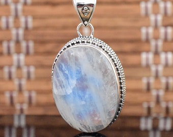 Rainbow Moonstone Pendant 925 Sterling Silver Oval Gemstone Pendant