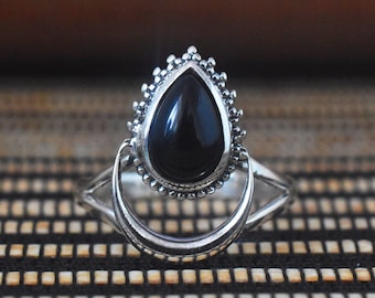 Genuine Black Onyx Gemstone Ring, 925 Sterling Silver Ring, Designer Ring For Her, Statement Ring, Vintage Ring, Crescent Moon, Boho Ring