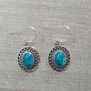 Turquoise Earrings, Oval Turquoise Earrings, Turquoise Dangle Earrings, Blue Turquoise Earrings, 925 Sterling Silver, Birthday Earrings Gift