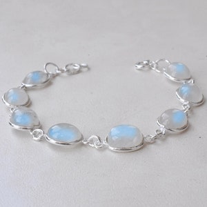Natural Rainbow Moonstone Gemstone Bracelet, 925 Sterling Silver, Oval-Shaped Gemstone Bracelet, Handmade Jewelry, Birthday Gift For Her