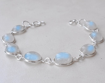 Natural Rainbow Moonstone Gemstone Bracelet, 925 Sterling Silver, Oval-Shaped Gemstone Bracelet, Handmade Jewelry, Birthday Gift For Her