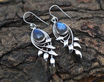 Minimalist Labradorite Gemstone Earrings, Boho Chic Earrings, 925 Sterling Silver Earrings, Leaf Drop & Dangle Earrings, Statement Earrings