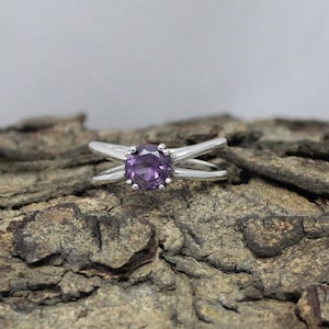 Dainty Amethyst Ring, 925 Sterling Silver Purple Amethyst Gemstone Jewelry Ring, Double Wide Band Ring, Ladies Jewelry