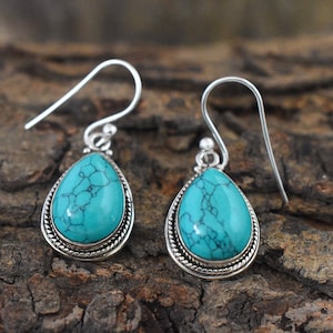 Natural Turquoise Earrings, Pear Turquoise Earrings, Turquoise Dangle Earrings, 925 Sterling Silver Earrings, Handmade Earrings,Gift For Her