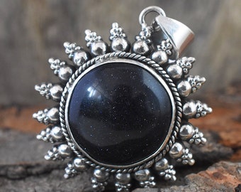 Blue Sunsitra Gemstone Pendant 925 Sterling Silver Handmade Pendant Fine Boho Jewelry Round Shape Faceted Stone Gift For Her FREE SHIPPING