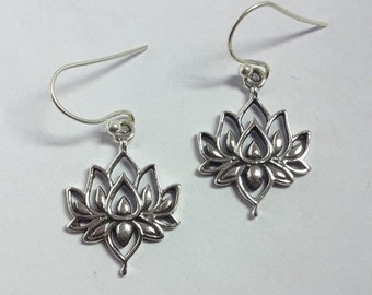 Lotus Flower Silver Earrings, 925 Sterling Silver Earrings, Dangle Earrings for Her, Anniversary Gift, Handmade Silver Jewelry, Gift for Her