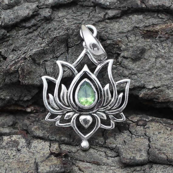 Sterling Silver Lotus Pendant, Peridot Gemstone Necklace