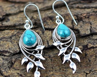 Turquoise Teardrop Gemstone Earrings, 925 Sterling Silver, Unique Drop & Dangle Earrings, Boho Jewelry, Birthstone Earrings, Gift For Her