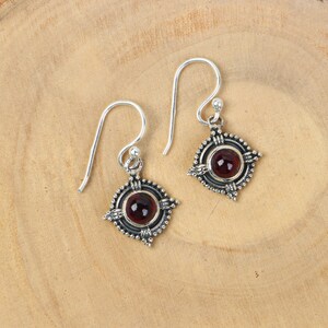 Garnet Earrings, Sterling Silver Garnet Earrings, Boho Earrings, Round Stone Red Earrings, Birthstone Earrings, Anniversary Gift For Her