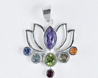 Multi-Gemstone Lotus Pendant, Natural Gemstone, 925 Sterling Silver Pendant, Boho Chic Pendant, Anniversary Gift For Her, Handmade Jewelry