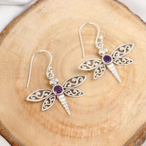 Lila Libelle Amethyst Ohrringe, 925 Silber Insekt Ohrringe, Statement Ohrringe, Charm Ohrringe, Verlobung Ohrringe, Geschenk für sie